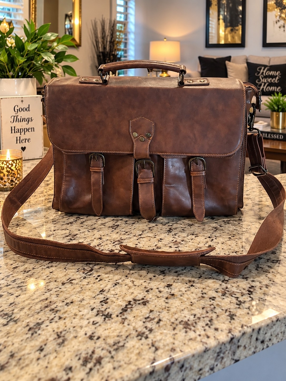 Large Size Classic Brown Leather Messenger Bag - Men's Briefcase